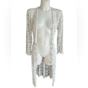La Vie en Rose Aqua Off White Lacy Open Front Kimono Duster Swim Cover Up Med